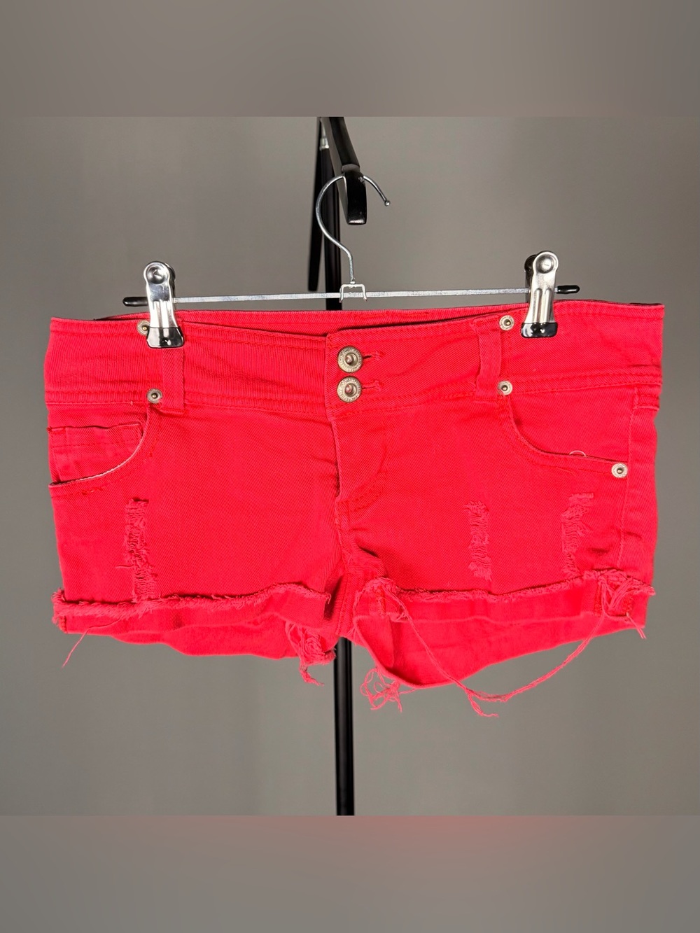 Vintage Y2K Blue Asphalt Red Distressed Stretch Denim Cutoff Low Rise Shorts